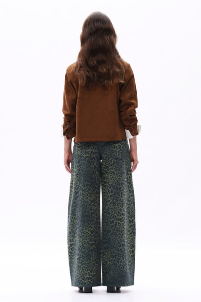 Bayeas High Rise Green Leopard Print Barrel Leg Jeans