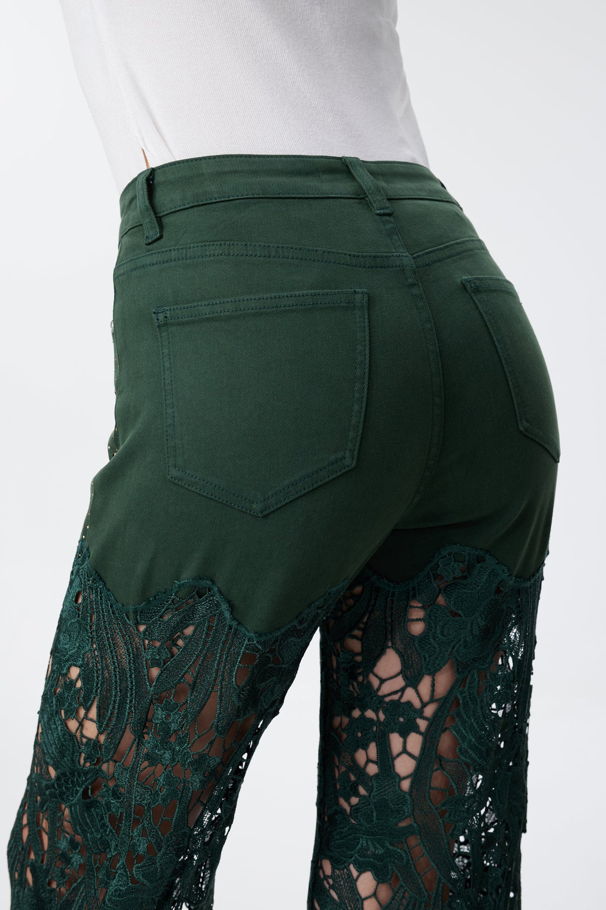 BAYEAS EVERGREEN HIGH RISE CRYSTAL EMBELLISHED LACE SPLICED WIDE LEG JEANS