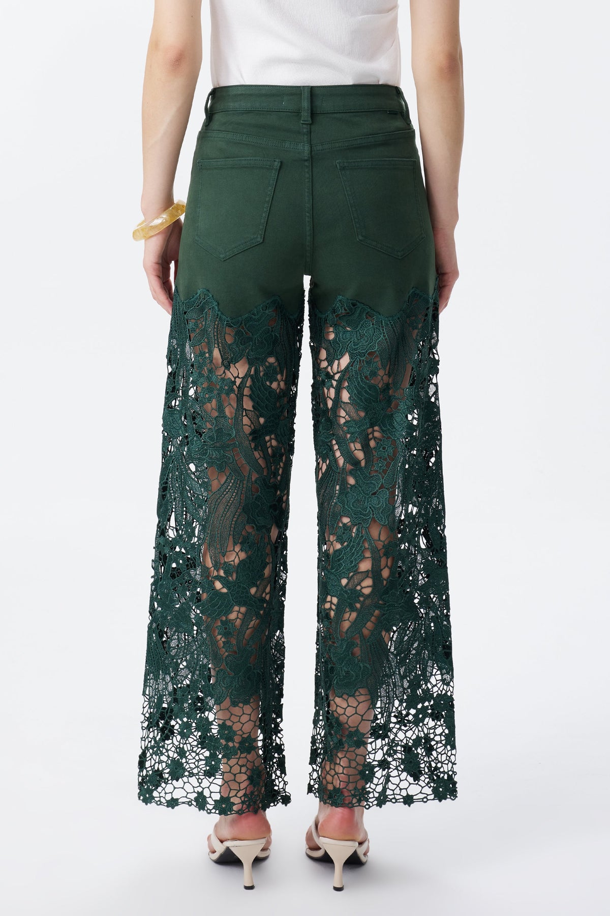 BAYEAS EVERGREEN HIGH RISE CRYSTAL EMBELLISHED LACE SPLICED WIDE LEG JEANS