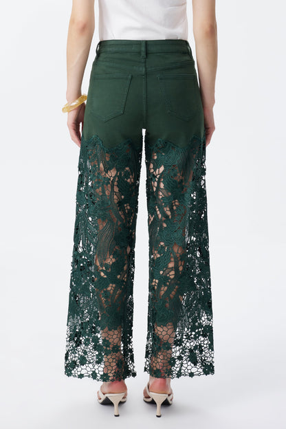 BAYEAS EVERGREEN HIGH RISE CRYSTAL EMBELLISHED LACE SPLICED WIDE LEG JEANS