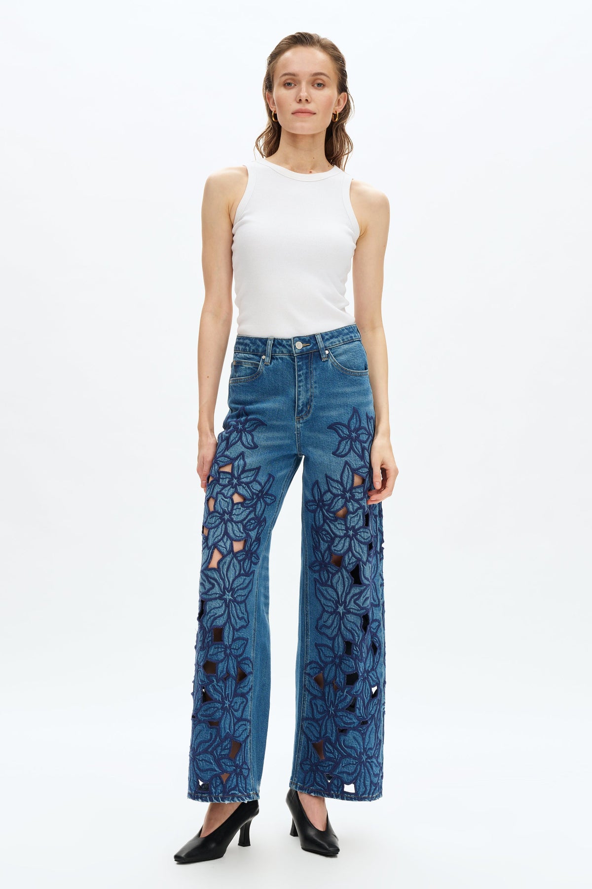 BAYEAS HIGH RISE EMBROIDERED CUTOUT FLOWERS WIDE LEG JEANS