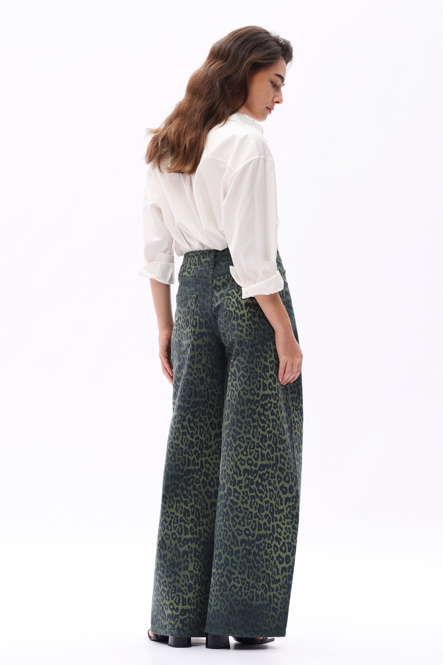 Bayeas High Rise Green Leopard Print Barrel Leg Jeans
