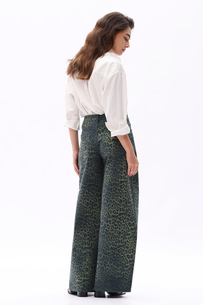 Bayeas High Rise Green Leopard Print Barrel Leg Jeans