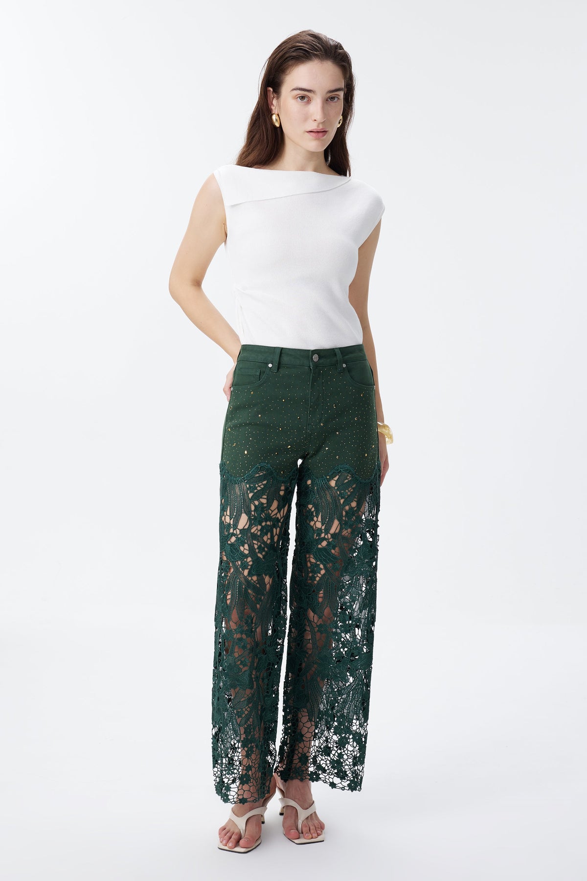 BAYEAS EVERGREEN HIGH RISE CRYSTAL EMBELLISHED LACE SPLICED WIDE LEG JEANS