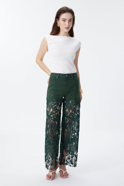BAYEAS EVERGREEN HIGH RISE CRYSTAL EMBELLISHED LACE SPLICED WIDE LEG JEANS