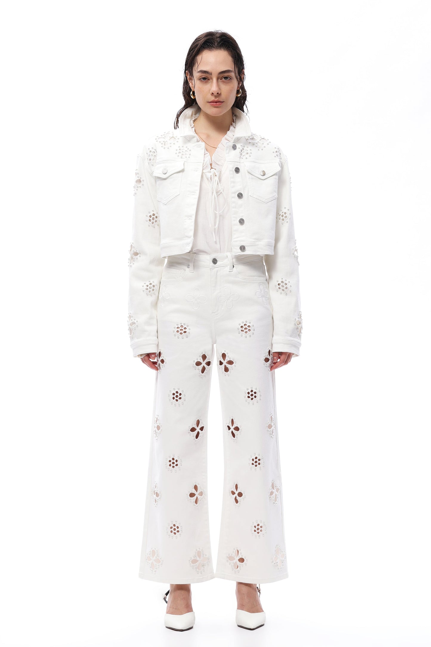 Bayeas Eyelet and Pearl Embellished High Rise Straight Jeans