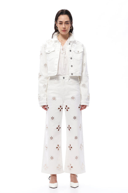 Bayeas Eyelet and Pearl Embellished High Rise Straight Jeans