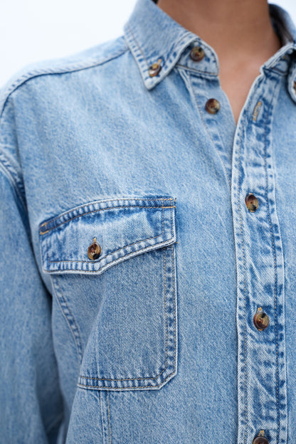 Bayeas Classic Long Sleeve Oversized Denim Button Down Shirt