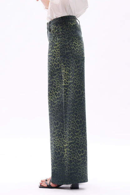Bayeas High Rise Green Leopard Print Barrel Leg Jeans