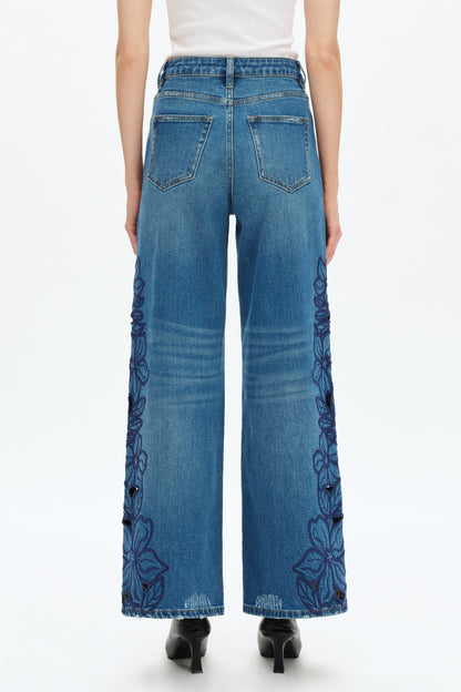 BAYEAS HIGH RISE EMBROIDERED CUTOUT FLOWERS WIDE LEG JEANS