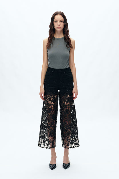 Bayeas Crystal Embellished Black Lace Jeans