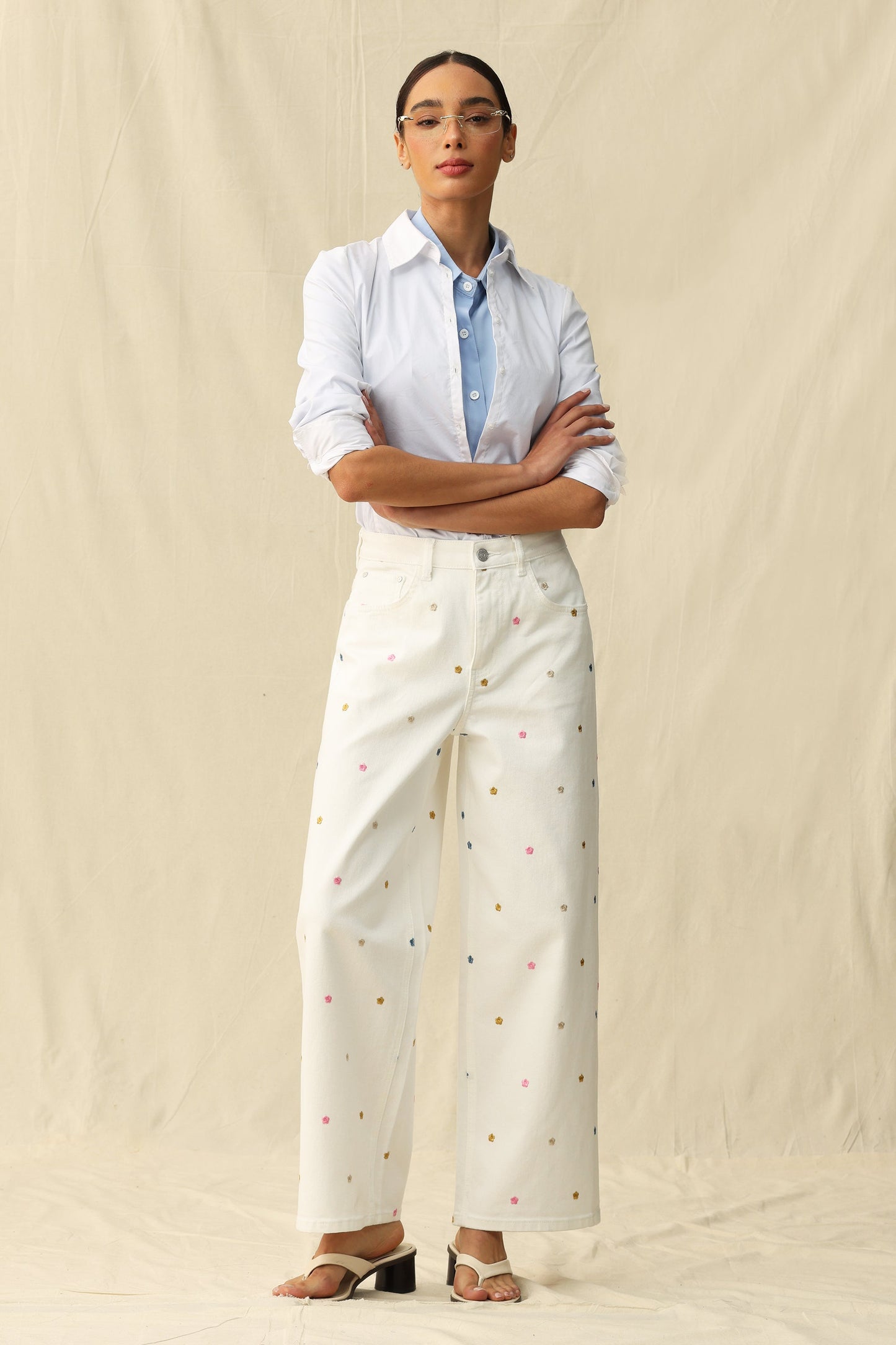 Bayeas High Rise Wide Leg Jeans with Multicolor Embroidery