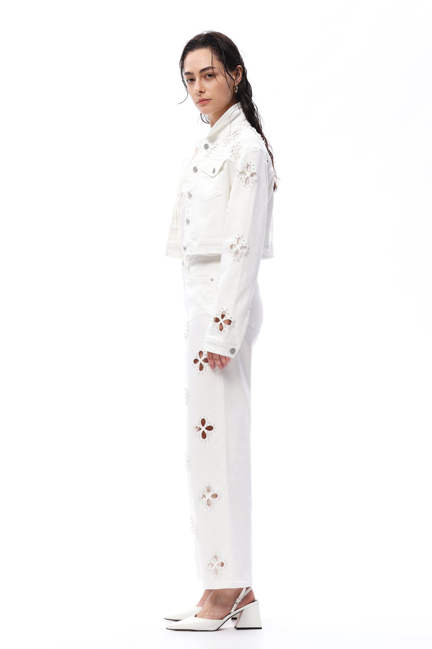 Bayeas Eyelet and Pearl Embellished High Rise Straight Jeans