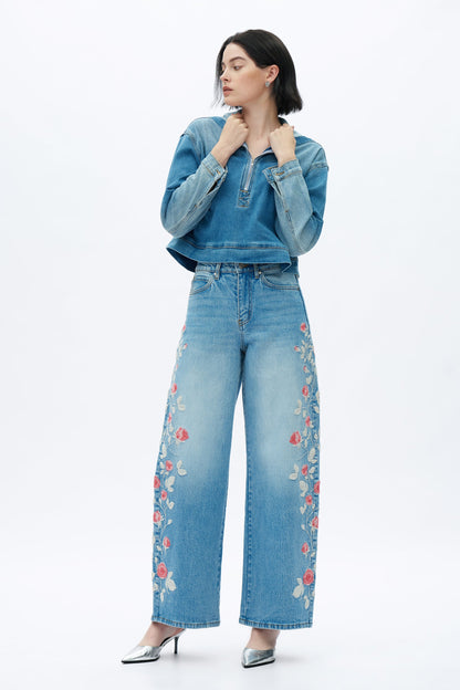 Bayeas Tokio 32" Floral Embroidered High Rise Barrel Jeans