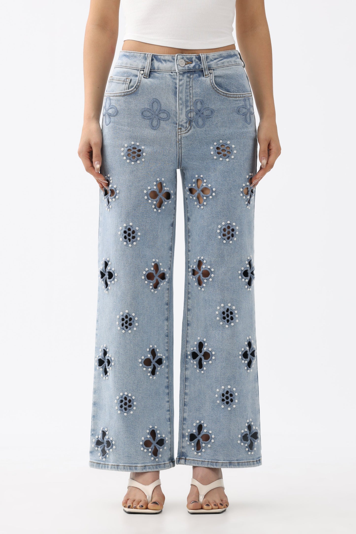 Bayeas Eyelet and Pearl Embellished High Rise Straight Jeans
