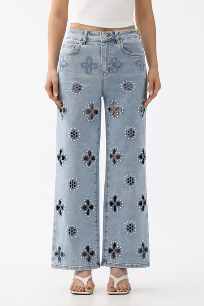Bayeas Eyelet and Pearl Embellished High Rise Straight Jeans