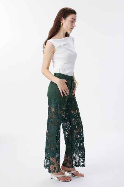 BAYEAS EVERGREEN HIGH RISE CRYSTAL EMBELLISHED LACE SPLICED WIDE LEG JEANS