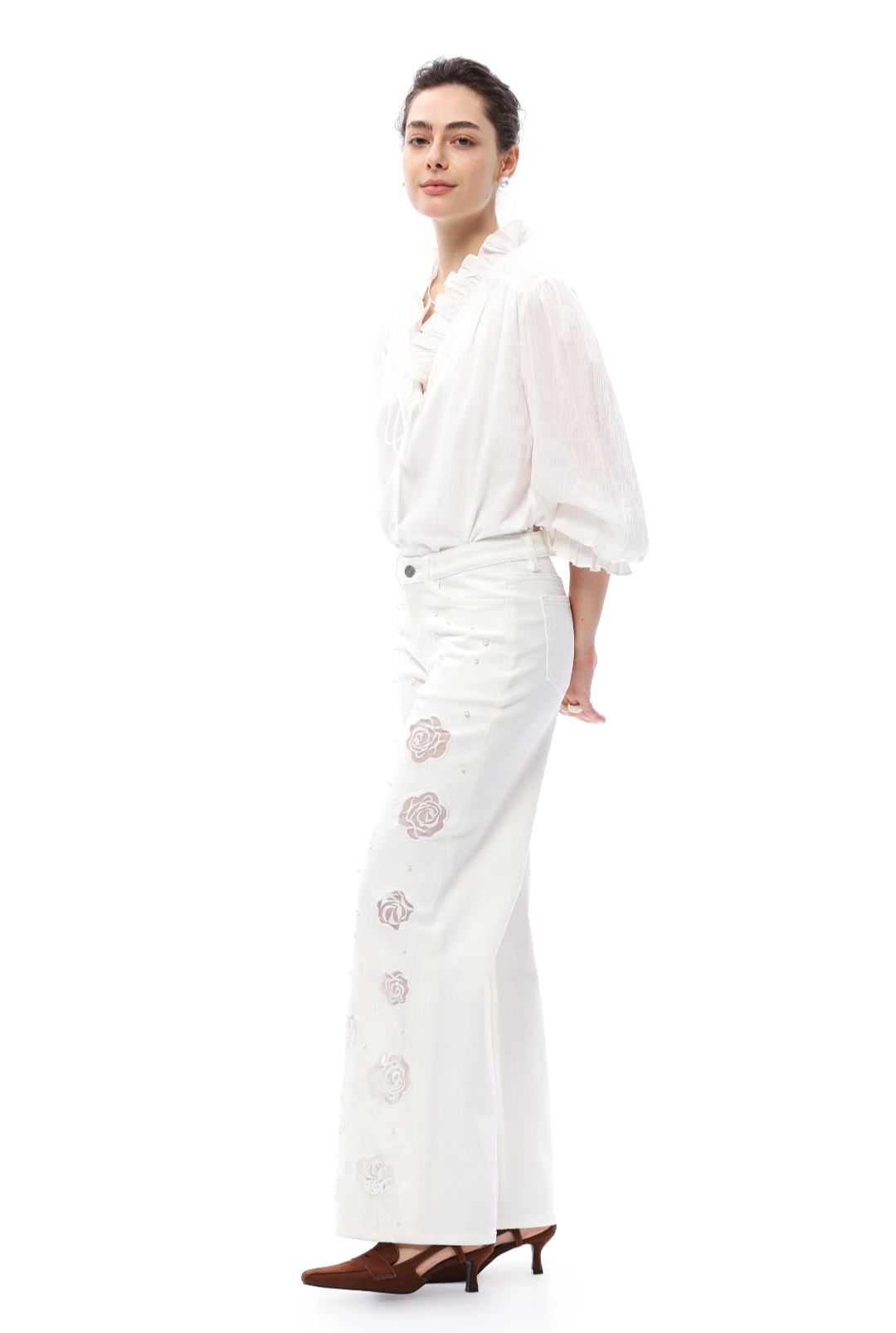Bayeas Rose Cutout Mid Rise Wide Leg Jeans