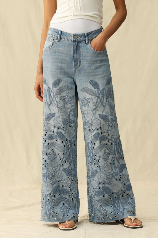 Bayeas Medium Blue High Rise Eyelet and Embroidery Wide Leg Jeans