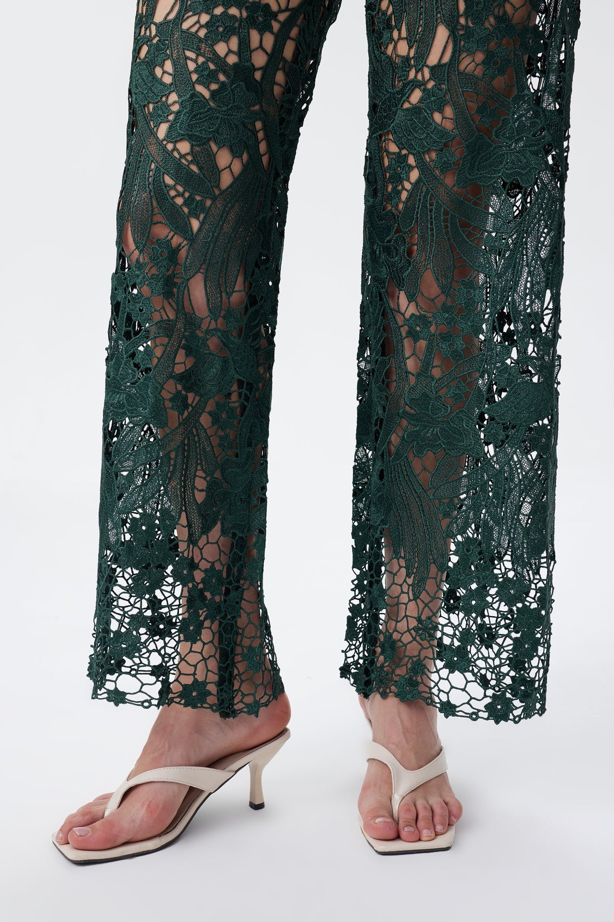 BAYEAS EVERGREEN HIGH RISE CRYSTAL EMBELLISHED LACE SPLICED WIDE LEG JEANS