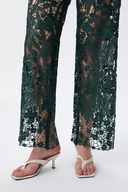 BAYEAS EVERGREEN HIGH RISE CRYSTAL EMBELLISHED LACE SPLICED WIDE LEG JEANS