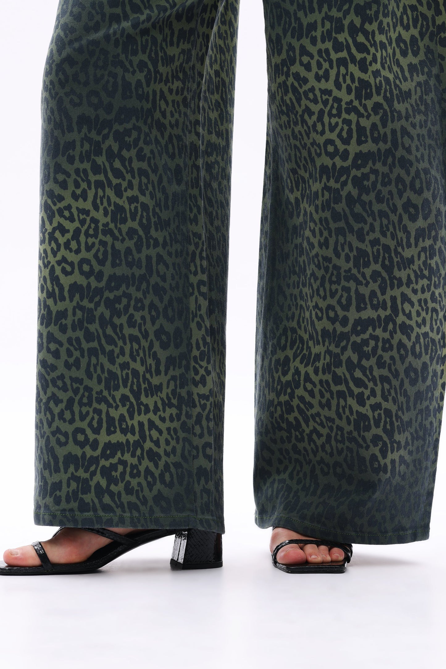 Bayeas High Rise Green Leopard Print Barrel Leg Jeans