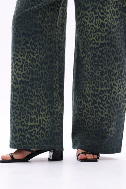 Bayeas High Rise Green Leopard Print Barrel Leg Jeans
