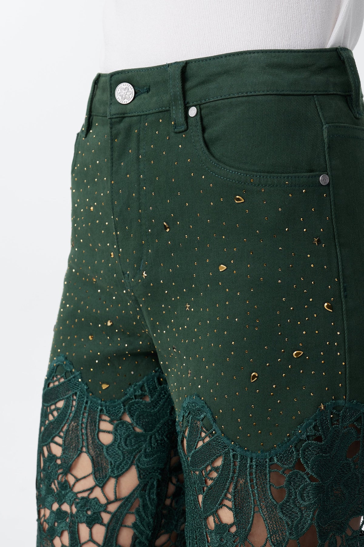 BAYEAS EVERGREEN HIGH RISE CRYSTAL EMBELLISHED LACE SPLICED WIDE LEG JEANS