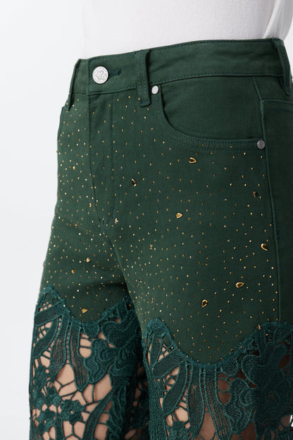 BAYEAS EVERGREEN HIGH RISE CRYSTAL EMBELLISHED LACE SPLICED WIDE LEG JEANS