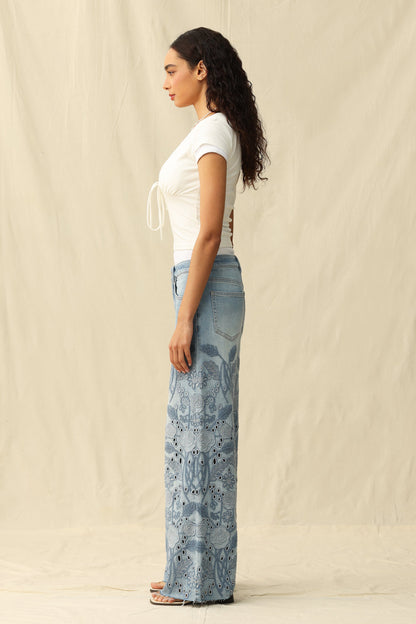 Bayeas Medium Blue High Rise Eyelet and Embroidery Wide Leg Jeans