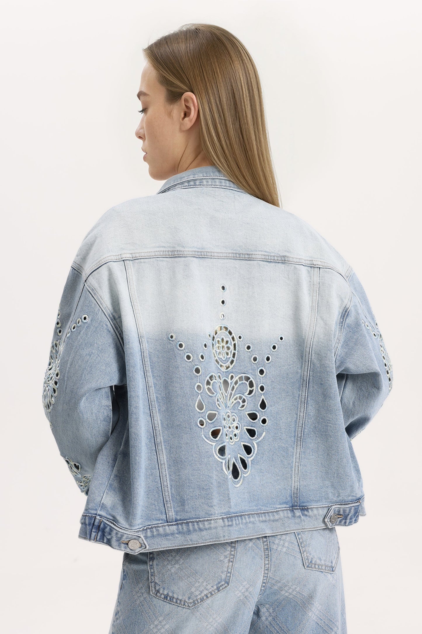 Bayeas Gaia Ombre Wash Eyelet Detail Long Sleeve Denim Jacket