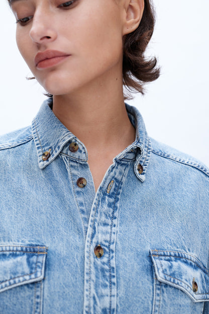 Bayeas Classic Long Sleeve Oversized Denim Button Down Shirt
