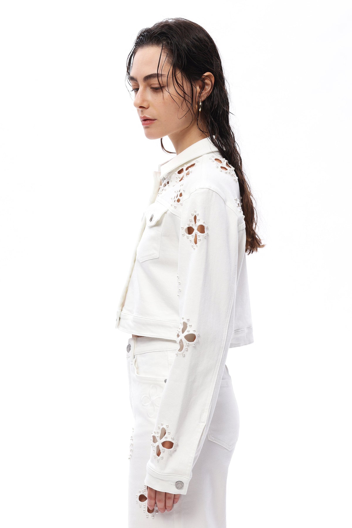 Bayeas Pear Eyelet Long Sleeve White Denim Jacket