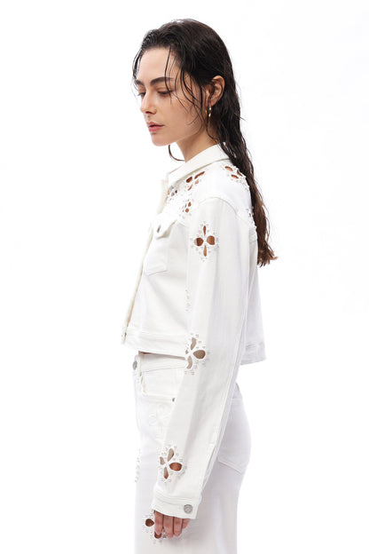 Bayeas Pear Eyelet Long Sleeve White Denim Jacket