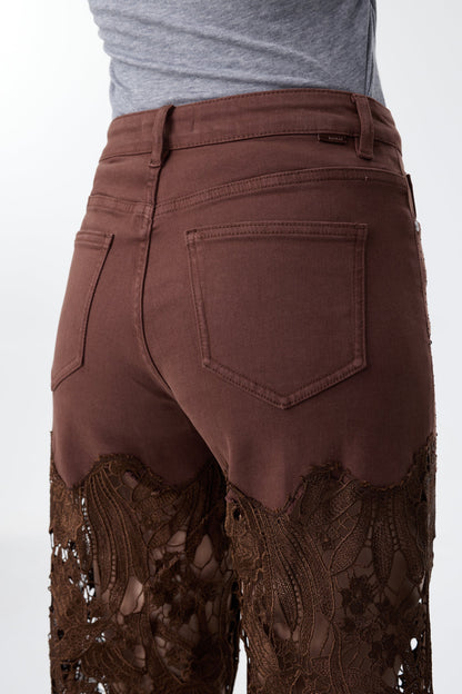 Bayeas Crystal Embellished Chocolate Lace Jeans