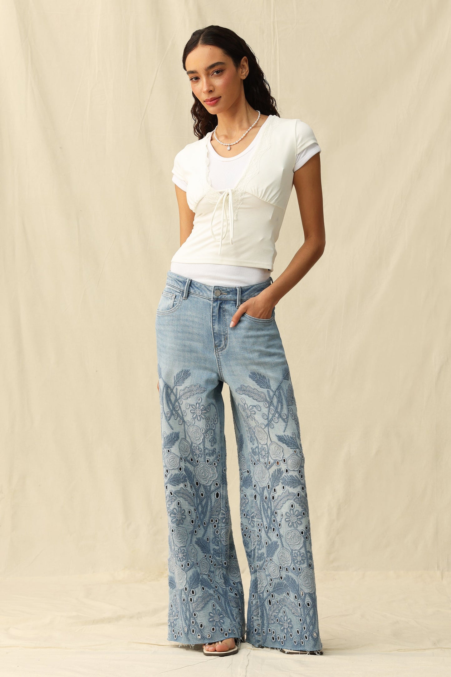 Bayeas Medium Blue High Rise Eyelet and Embroidery Wide Leg Jeans