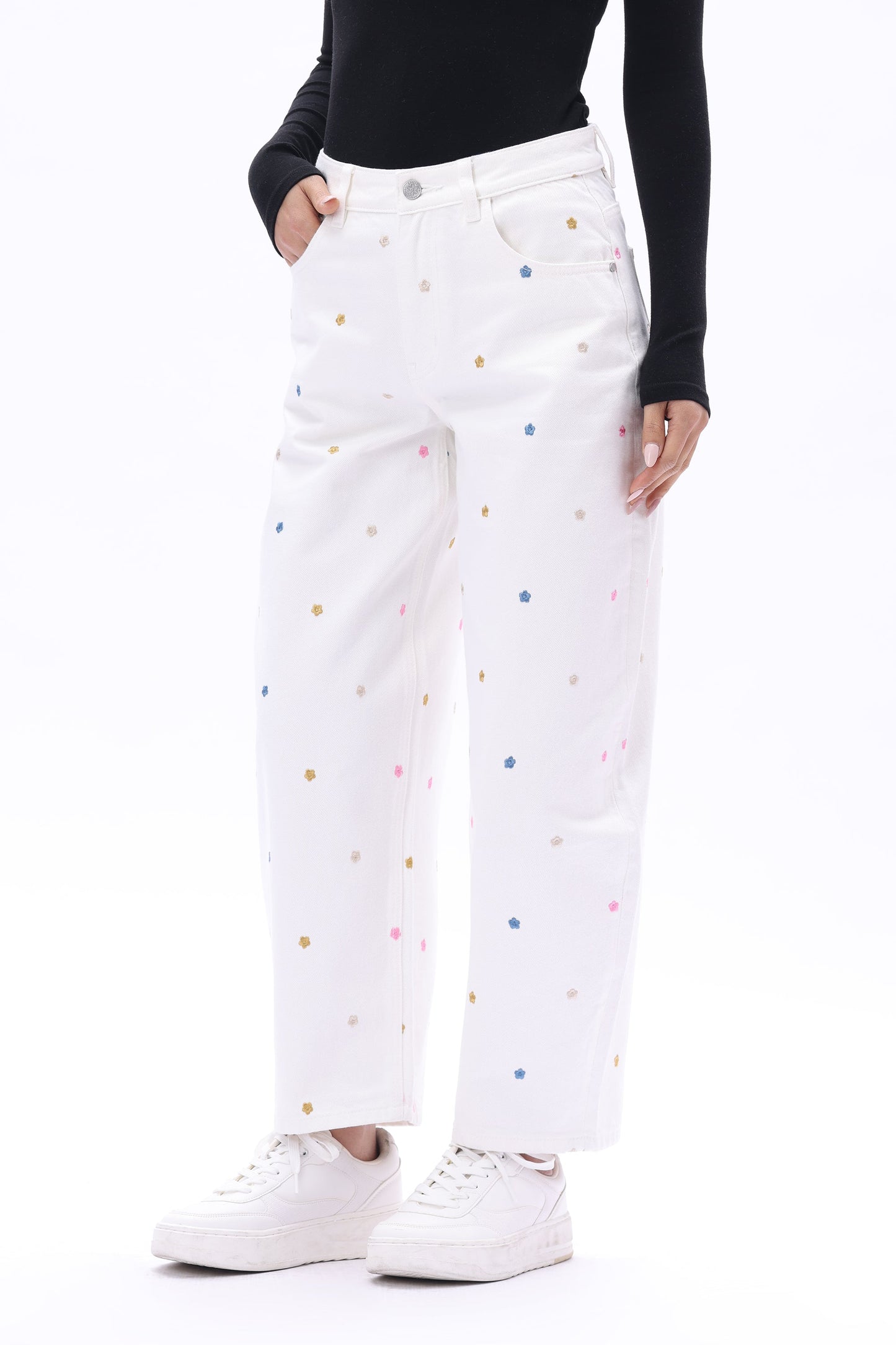 Bayeas Berlin High Rise Barrel Jeans with Multicolor Embroidery