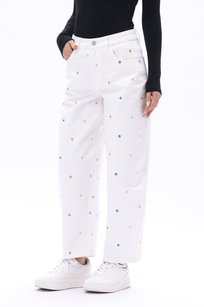 Bayeas Berlin High Rise Barrel Jeans with Multicolor Embroidery