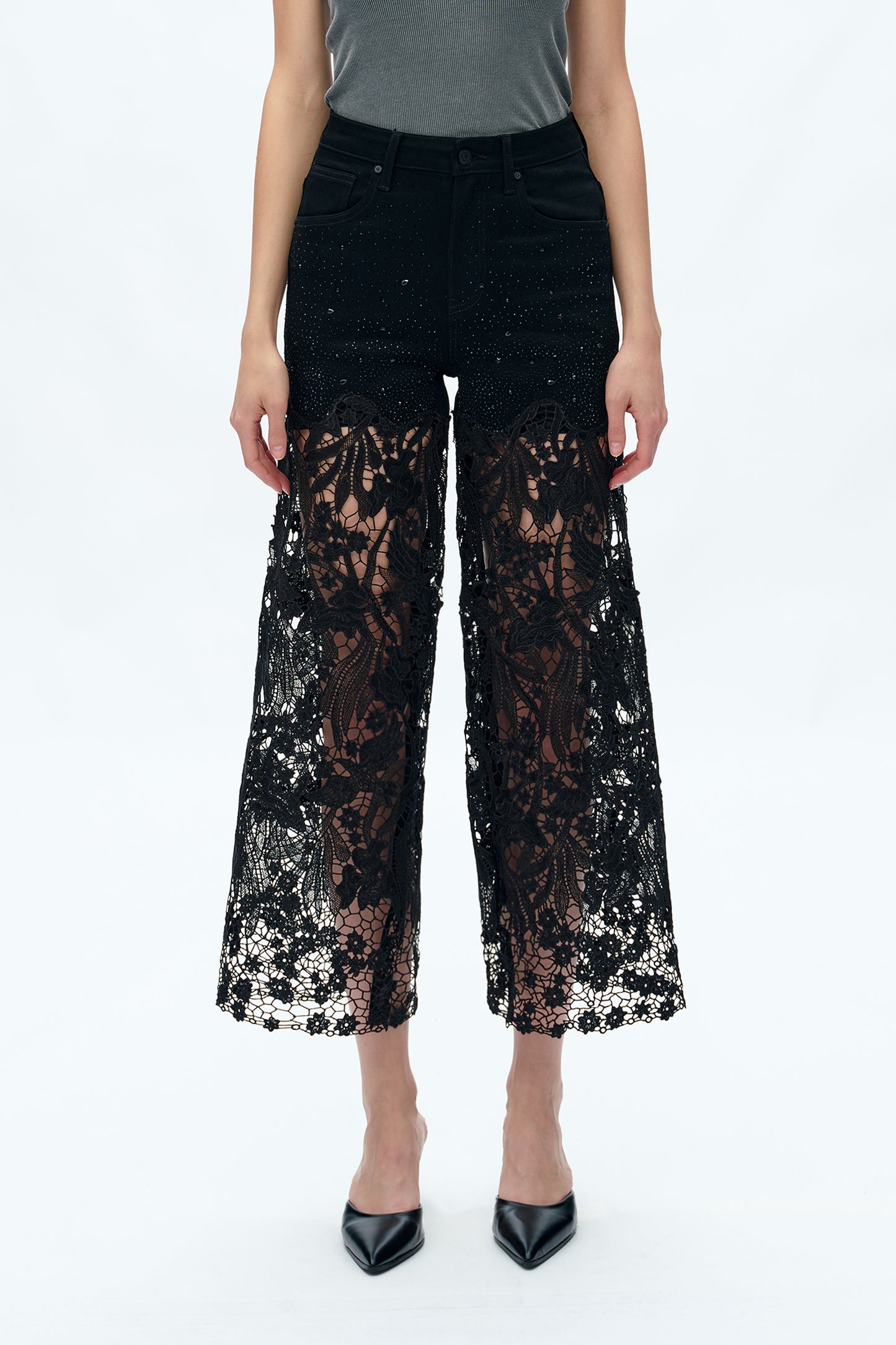 Bayeas Crystal Embellished Black Lace Jeans