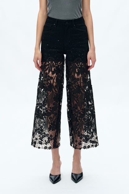 Bayeas Crystal Embellished Black Lace Jeans