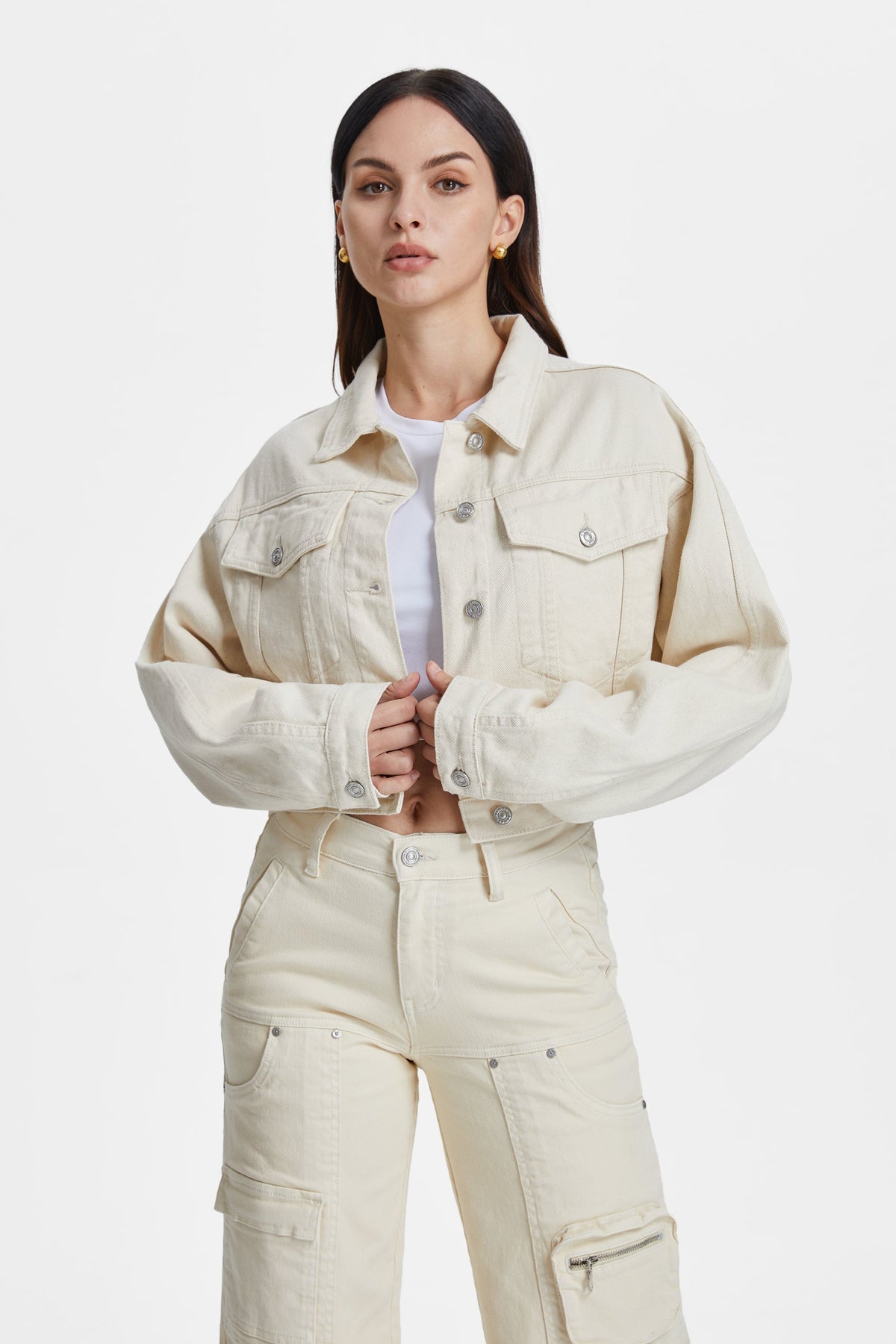 Bayeas Cropped Natural Cream Long Sleeve Denim Jacket