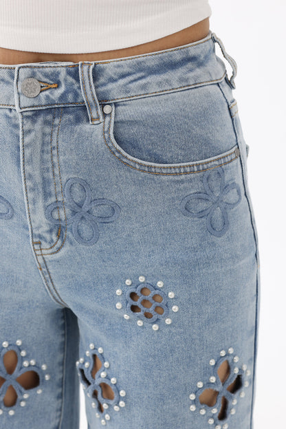 Bayeas Eyelet and Pearl Embellished High Rise Straight Jeans