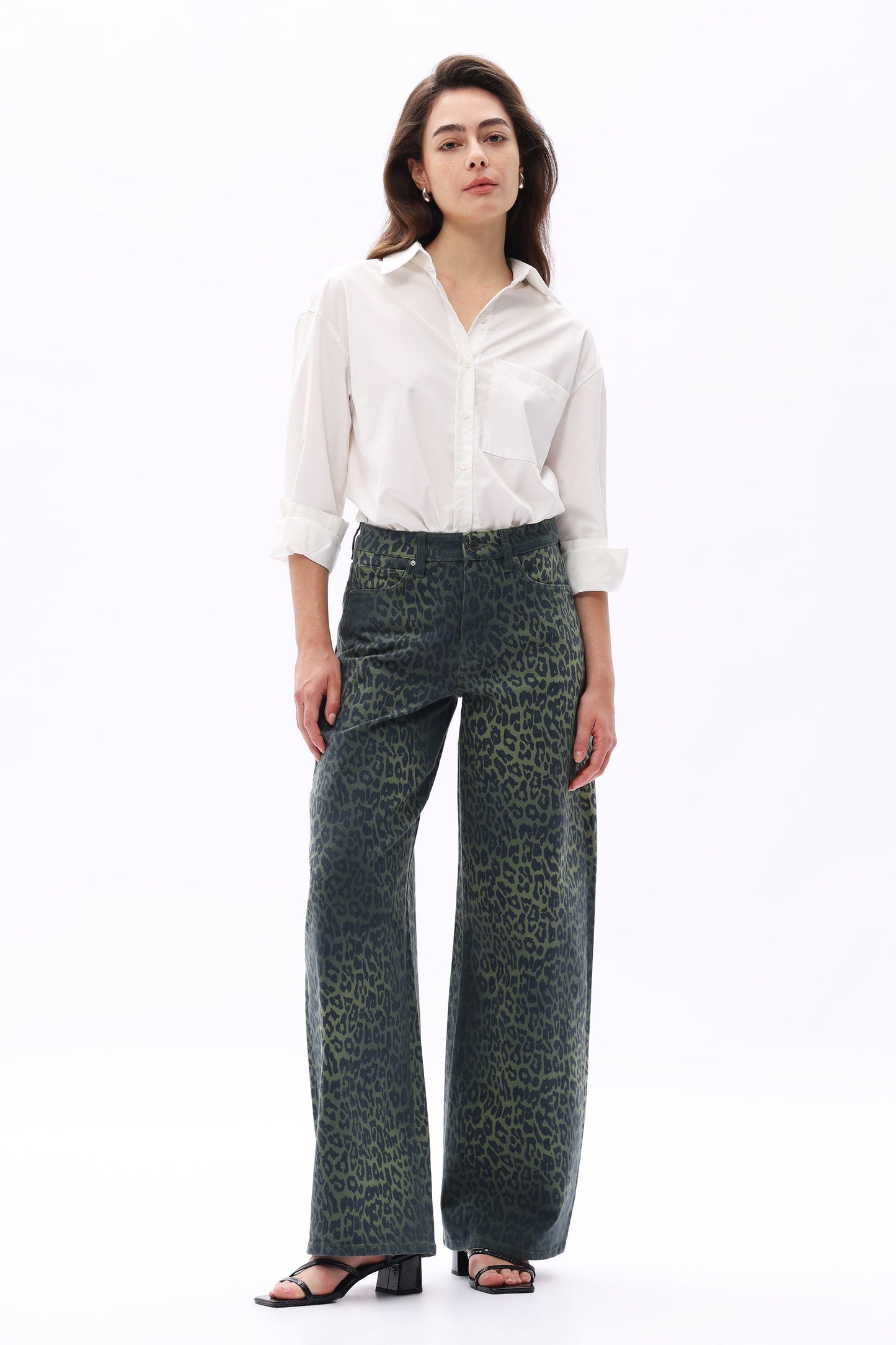 Bayeas High Rise Green Leopard Print Barrel Leg Jeans