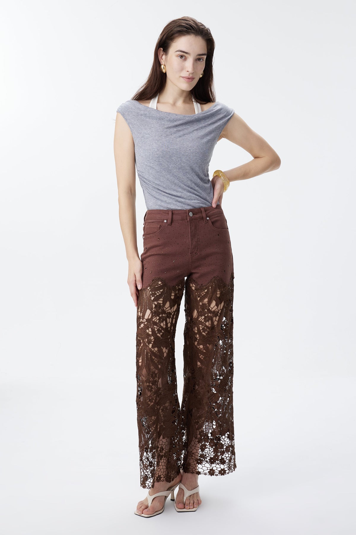 Bayeas Crystal Embellished Chocolate Lace Jeans