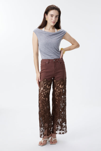 Bayeas Crystal Embellished Chocolate Lace Jeans