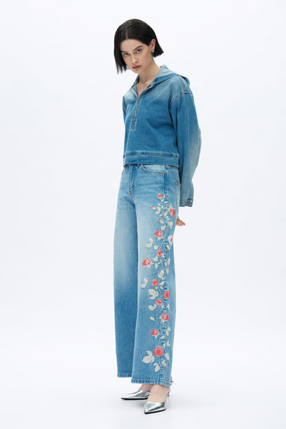 Bayeas Tokio 32" Floral Embroidered High Rise Barrel Jeans