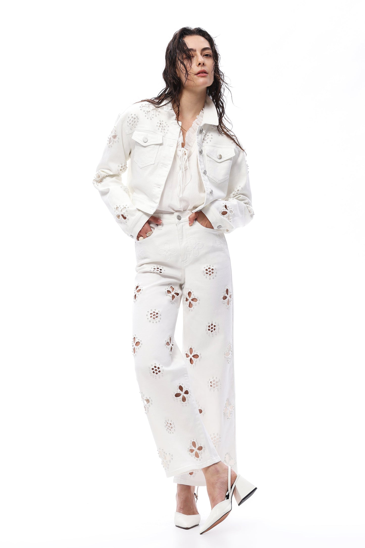 Bayeas Eyelet and Pearl Embellished High Rise Straight Jeans