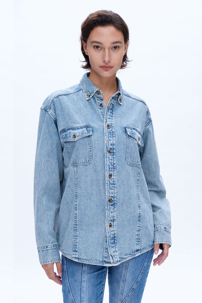Bayeas Classic Long Sleeve Oversized Denim Button Down Shirt