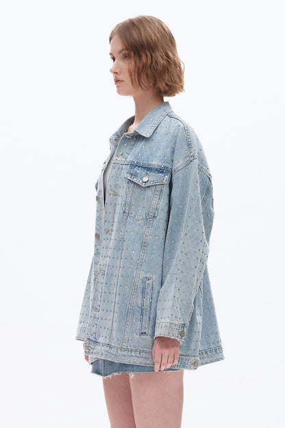 Bayeas Light Wash Embellished Long Sleeve Denim Jacket
