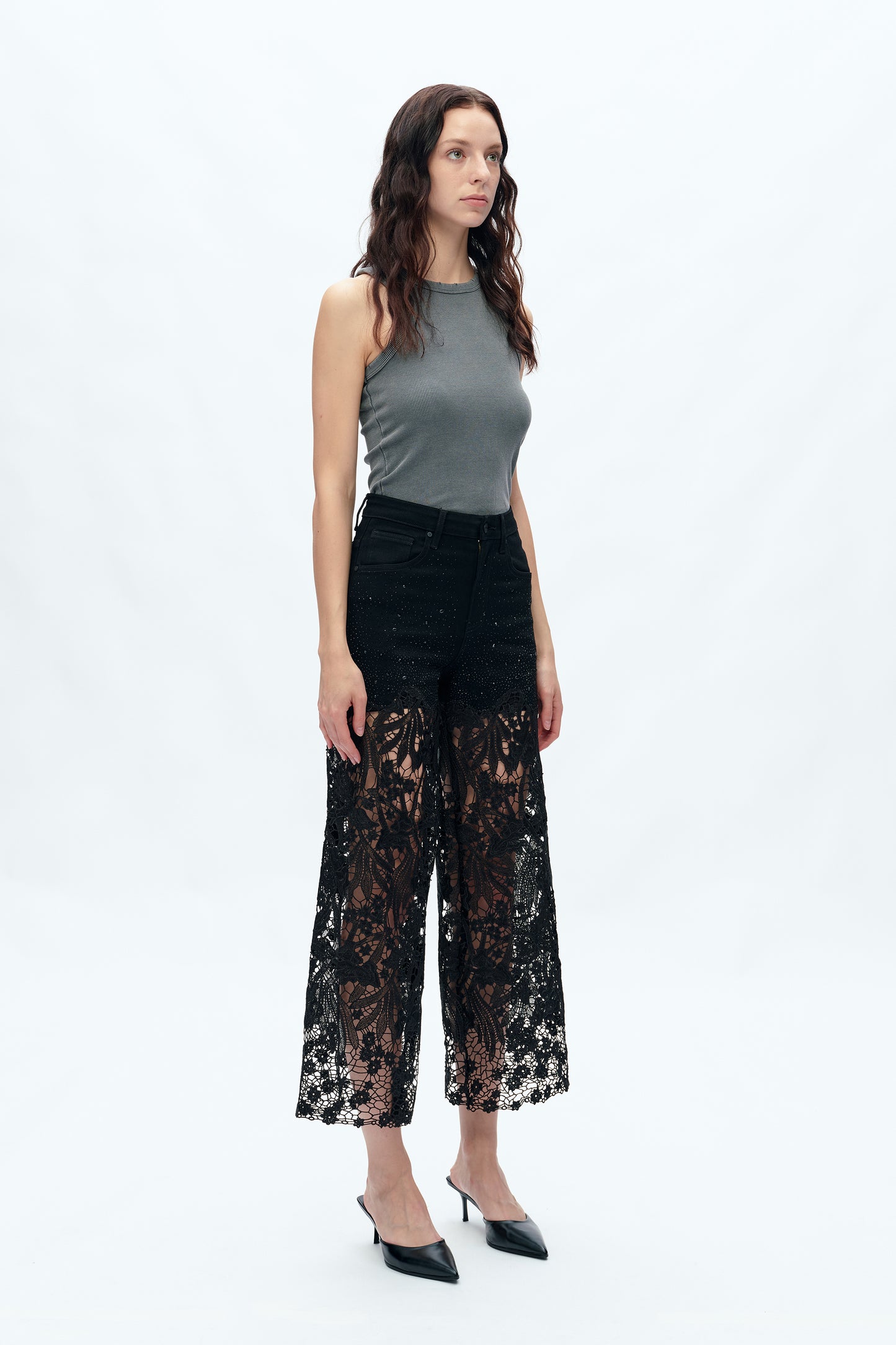Bayeas Crystal Embellished Black Lace Jeans